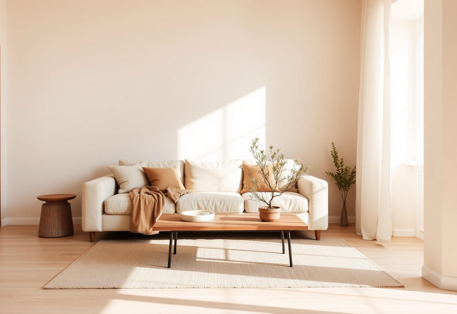 A calm, light-filled living room with soft neutrals